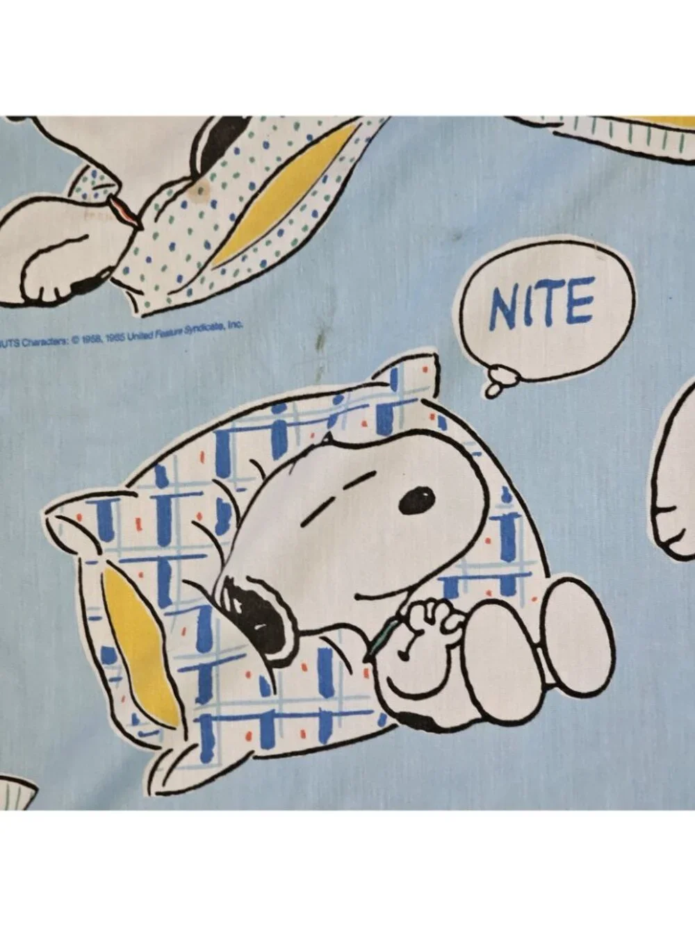 VTG Peanuts Snoopy Sleeping Expressions Full Flat Bed Sheet Blue Bibb Co Fabric